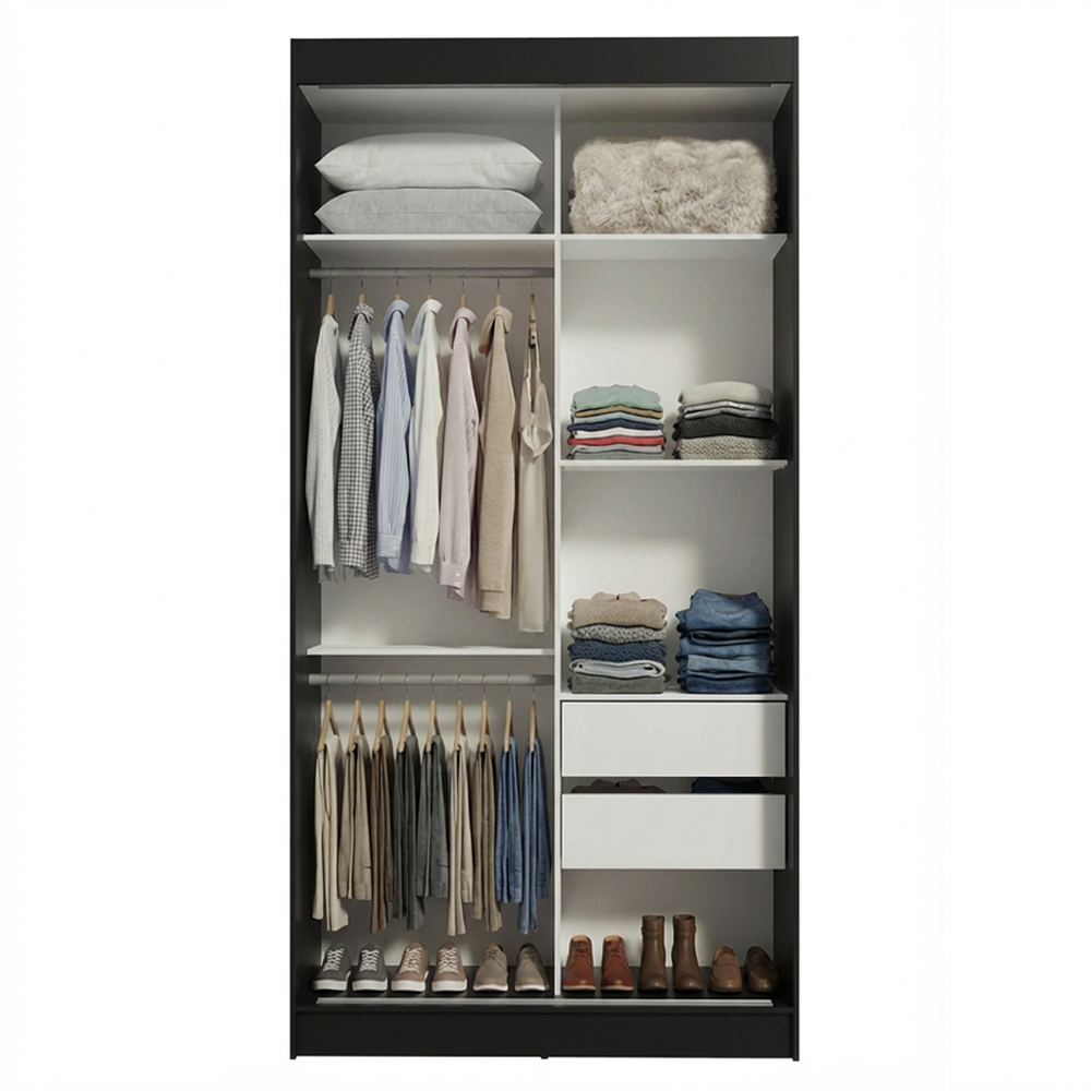 Guarda-Roupa Solteiro Madesa Tokio 2 Portas de Correr com Espelho 2 Gavetas Preto