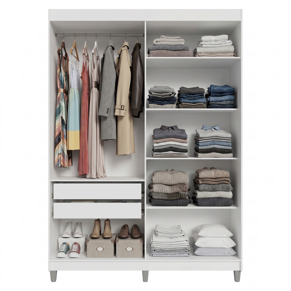 Guarda-Roupa Solteiro com Pés 4 Portas Batentes com Espelhos Branco/Branco/Rustic Venus Madesa