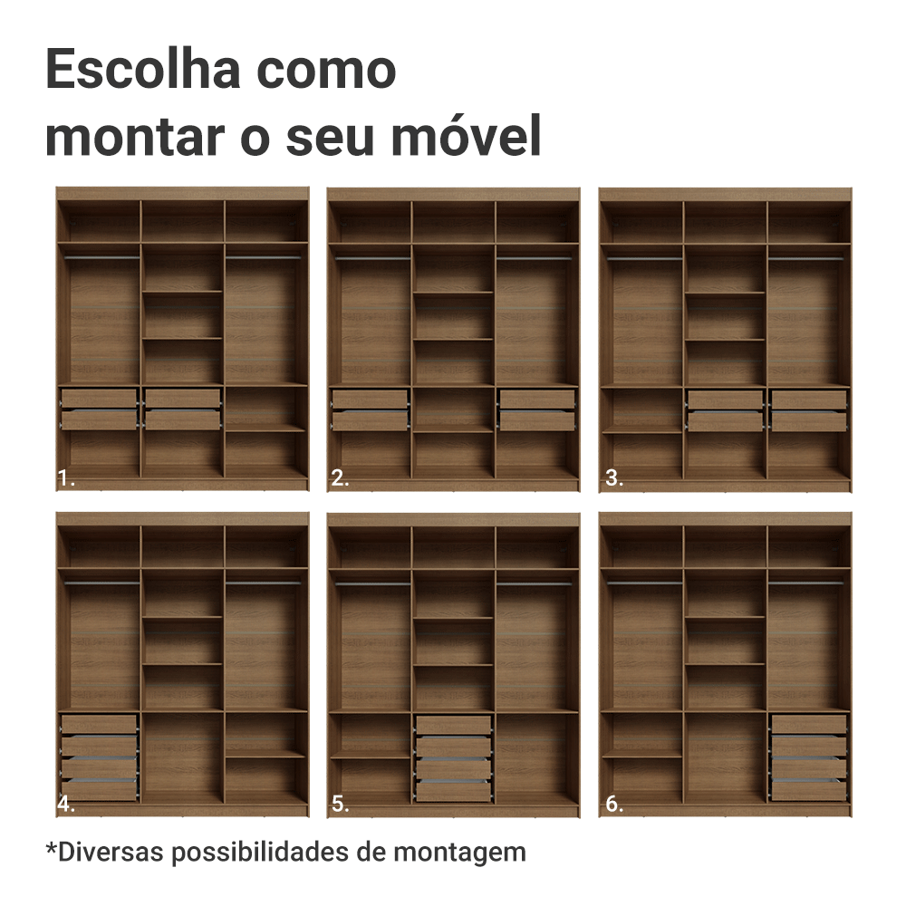 Guarda-Roupa Casal 6 Portas Batentes Rustic/Preto/Rustic Venus Madesa