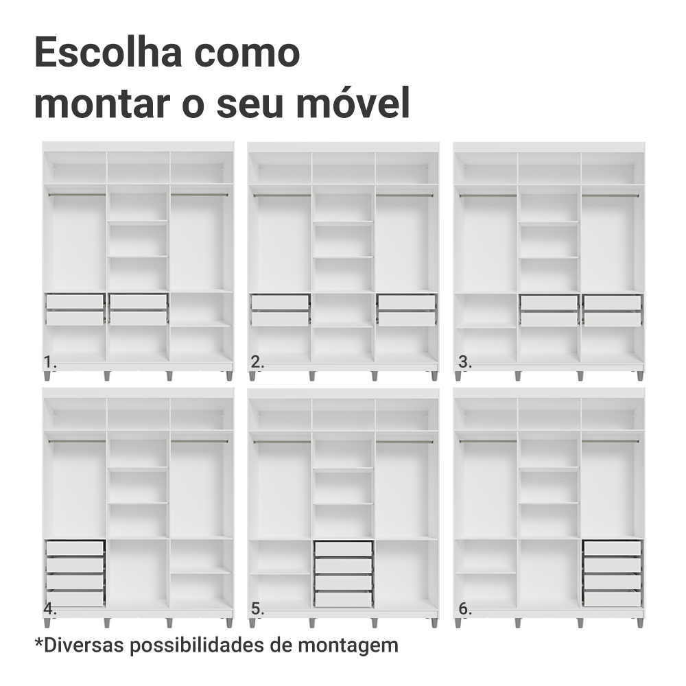 Guarda-Roupa Casal com Pés 6 Portas Batentes Branco/Branco/Preto Venus Madesa