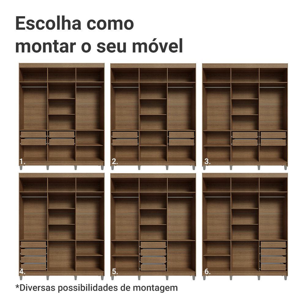 Guarda-Roupa Casal com Pés 6 Portas Batentes com Espelho Rustic/Preto/Preto Venus Madesa