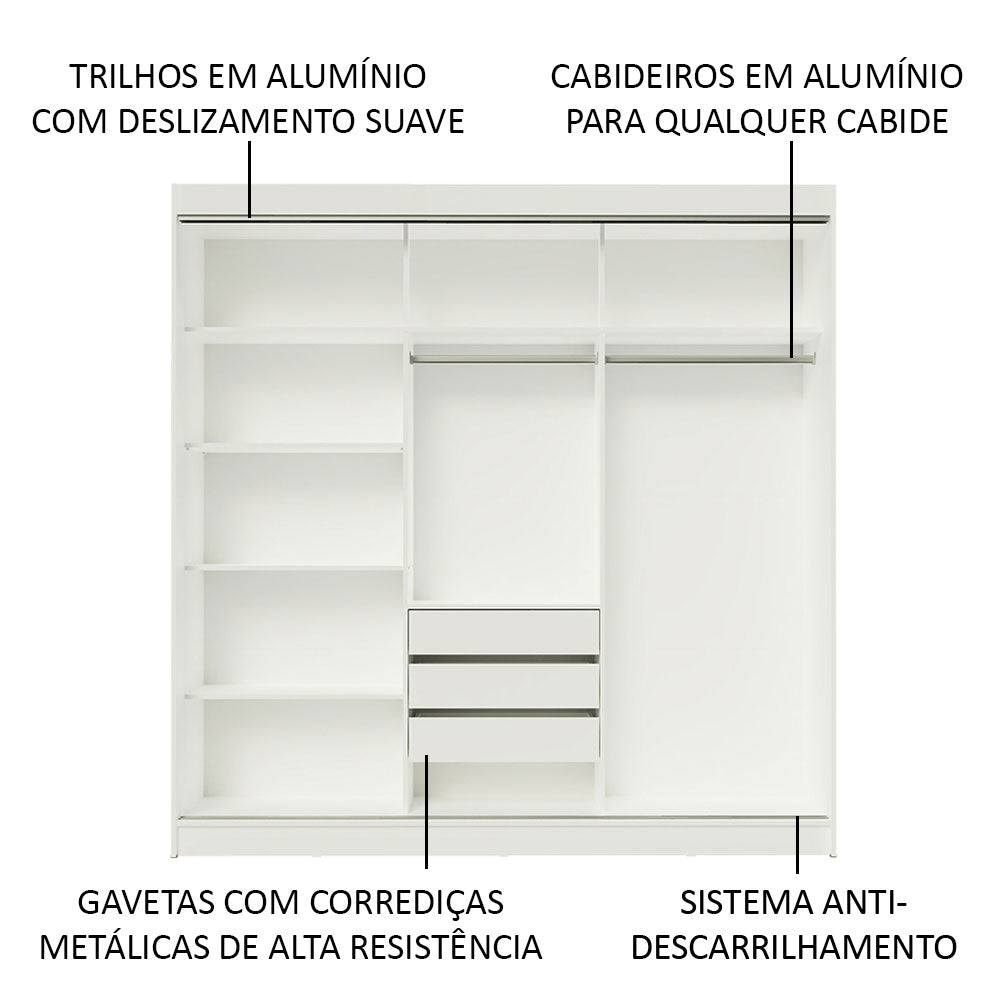 Guarda-Roupa Casal Madesa Istambul 3 Portas de Correr com Espelhos 3 Gavetas Branco