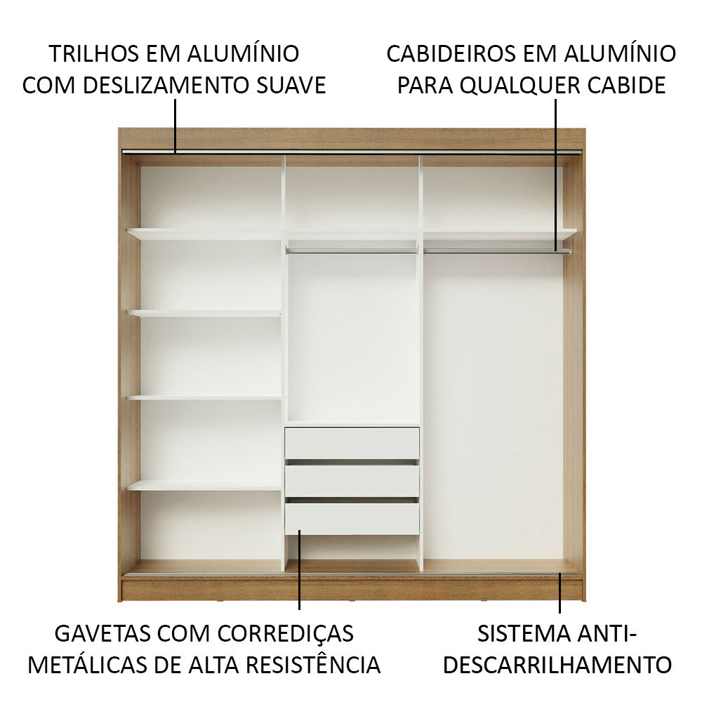 Guarda-Roupa Casal Madesa Istambul 3 Portas de Correr com Espelhos 3 Gavetas Rustic