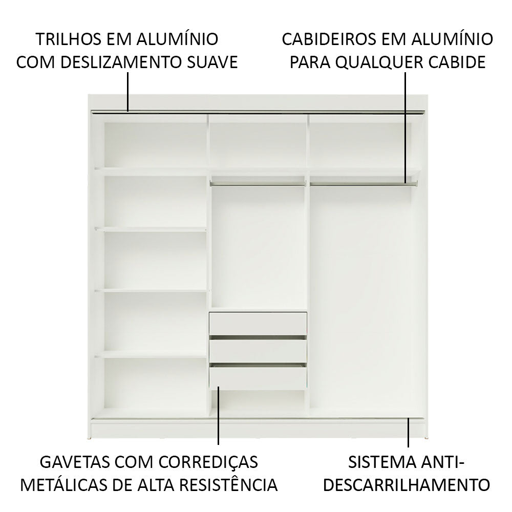 Guarda-Roupa Casal Madesa Istambul 3 Portas de Correr com Espelhos 3 Gavetas Branco/Preto