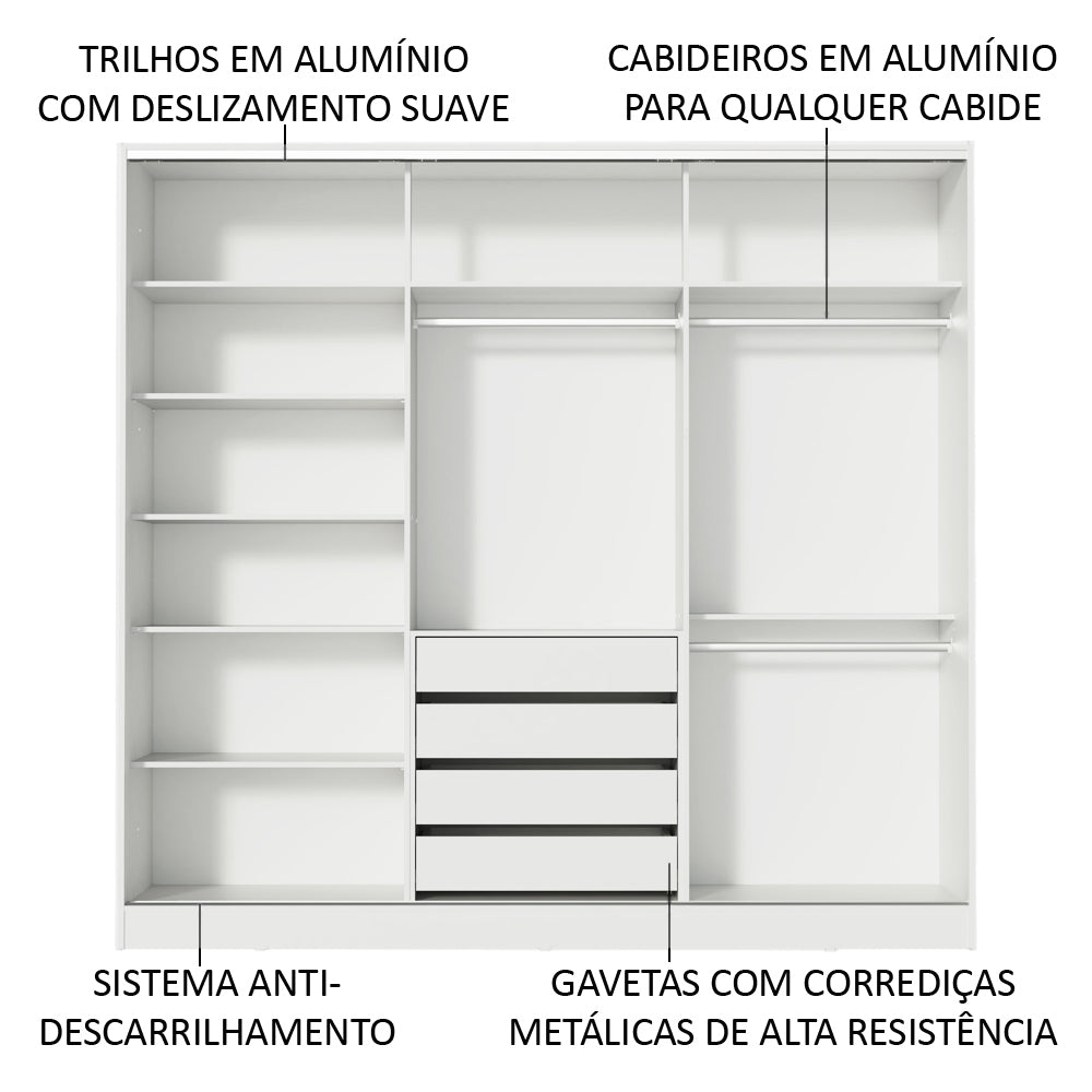 Guarda-Roupa Casal 100% MDF Madesa Eros 3 Portas de Correr com Espelho Branco