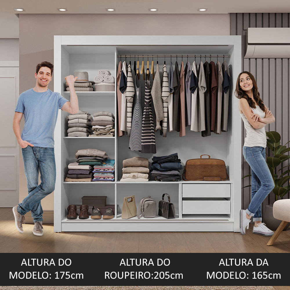 Guarda-Roupa Casal 3 Portas de Correr de Espelho 2 Gavetas Branco Sublime Madesa