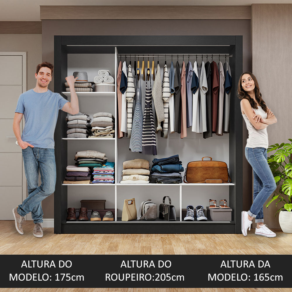 Guarda-Roupa Casal 3 Portas de Correr Preto/Branco Nobre Madesa