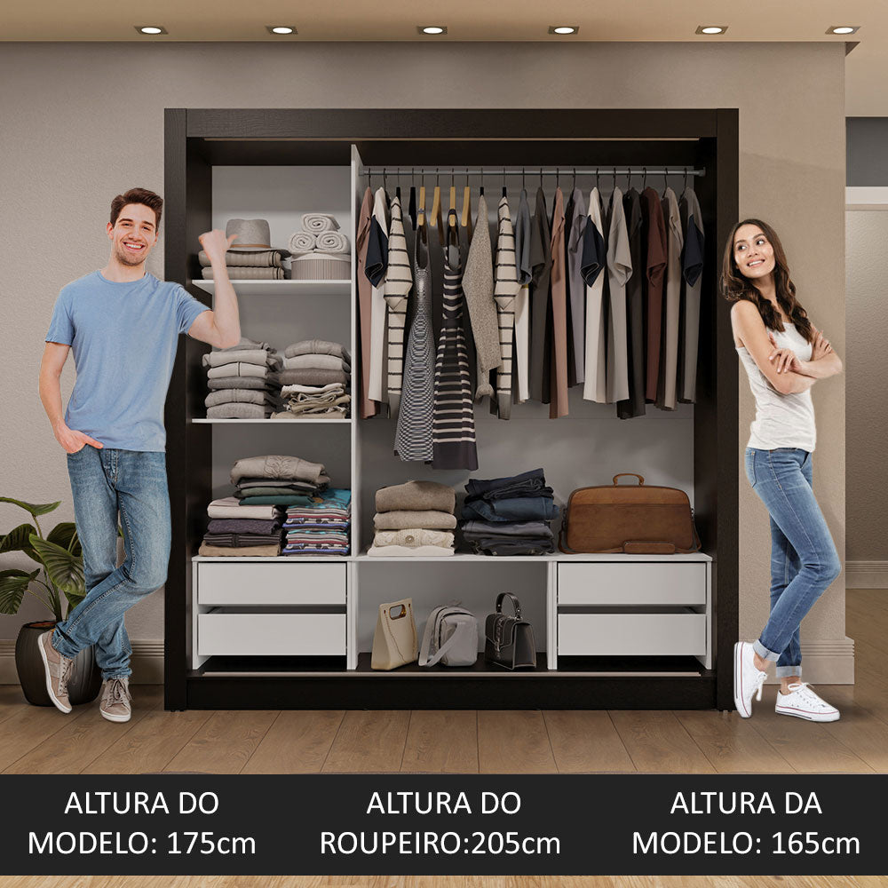 Guarda-Roupa Casal 3 Portas de Correr com Espelho 4 Gavetas Preto/Branco Sublime Plus Madesa