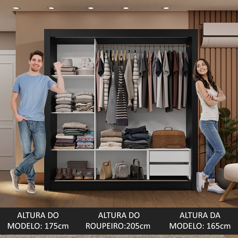 Guarda-Roupa Casal 3 Portas de Correr Preto/Branco Sublime Madesa