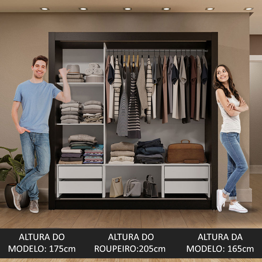 Guarda-Roupa Casal 3 Portas de Correr com Espelhos 4 Gavetas Preto Sublime Plus Madesa