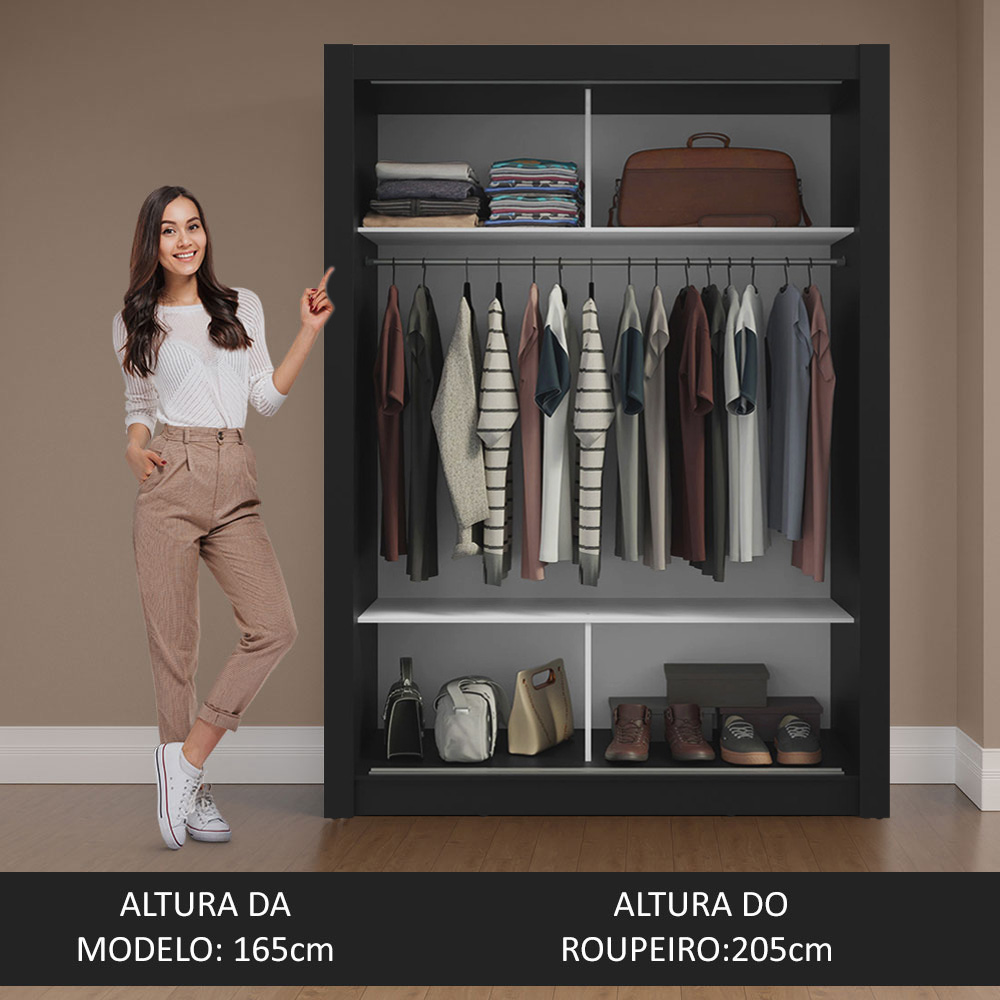 Guarda-Roupa Solteiro 2 Portas de Correr com Espelho Preto Milano Madesa