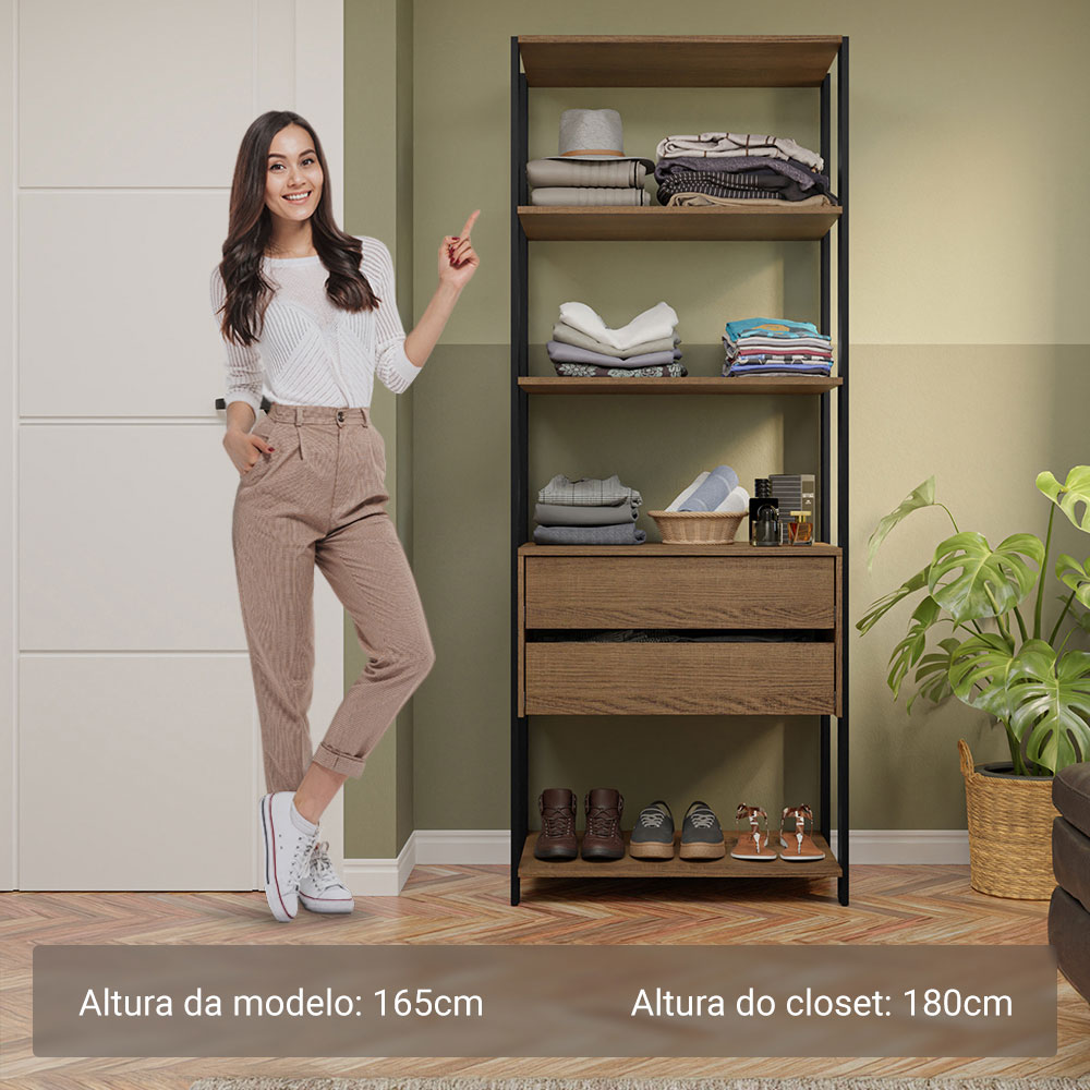 Guarda-Roupa Closet Modulado 2 Gavetas 4 Prateleiras 70cm Rustic/Preto Valencia Madesa