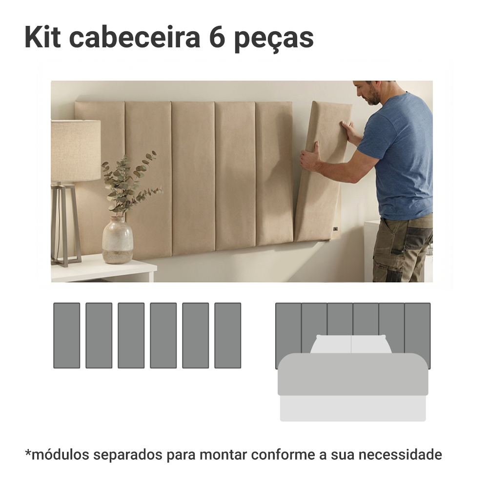 Cabeceira Estofada Modular Kit 6 Peças para Camas de Solteiro Imperial Madesa