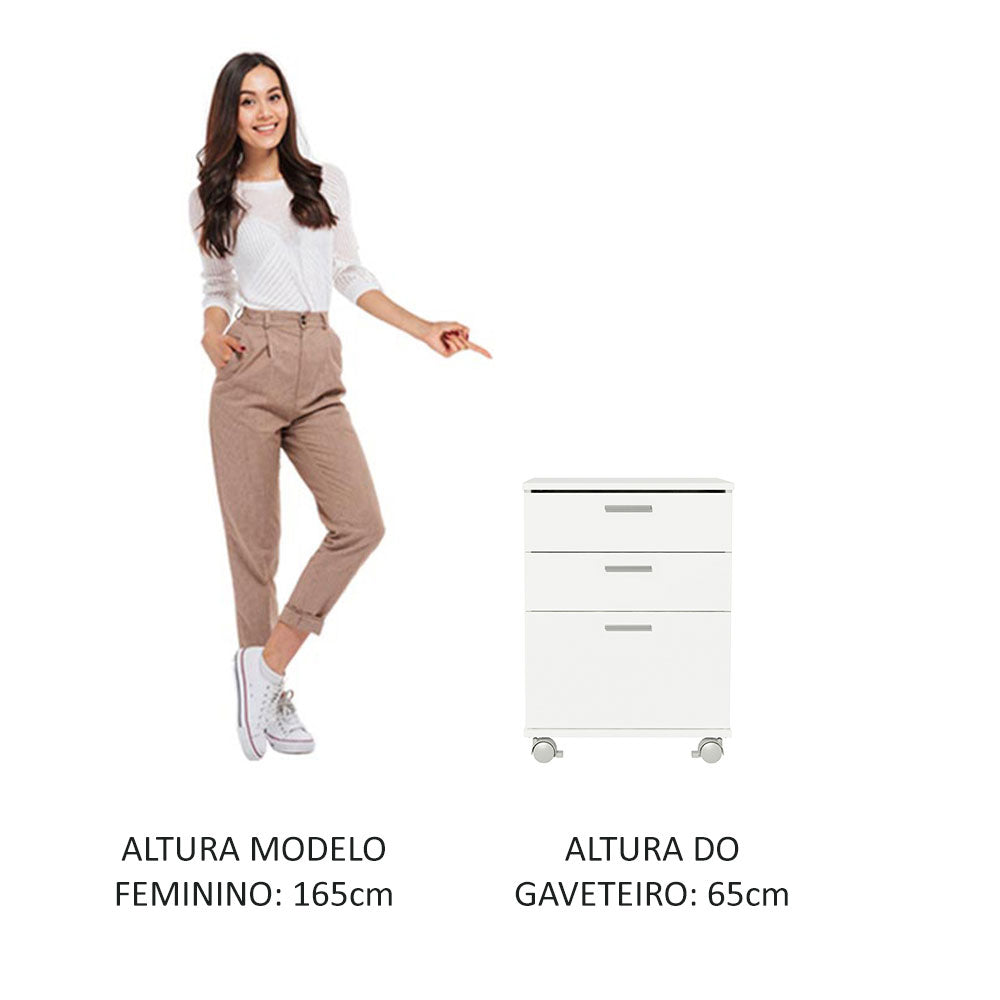 Gaveteiro Organizador para Escritório 3322 Madesa 3 Gavetas com Rodinhas Branco