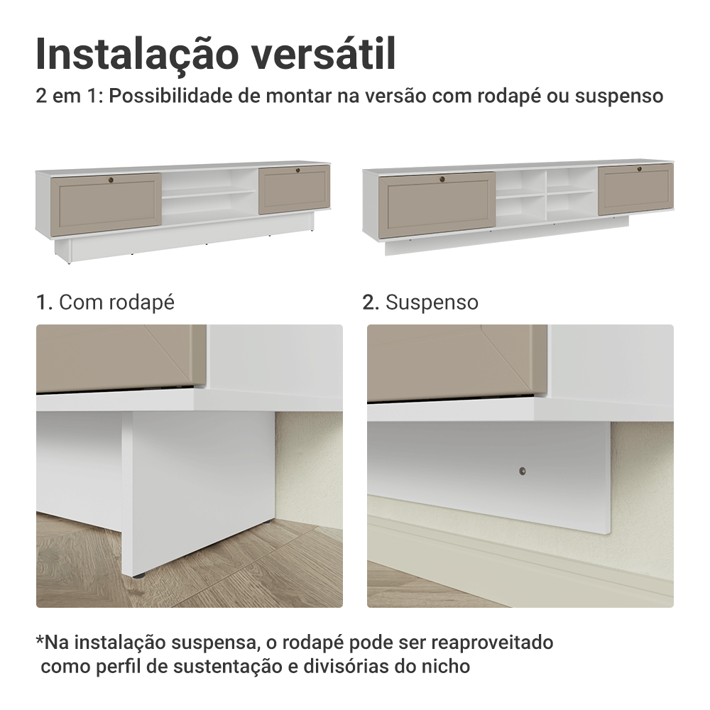 Rack Suspenso para TV até 80 Polegadas 218 cm 2 Portas Branco/Crema Vik Madesa