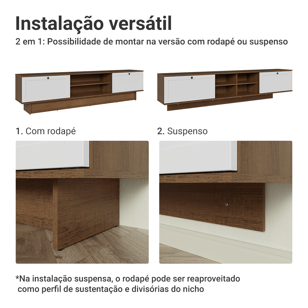Rack Suspenso para TV até 80 Polegadas 218 cm 2 Portas Rustic/Branco Vik Madesa