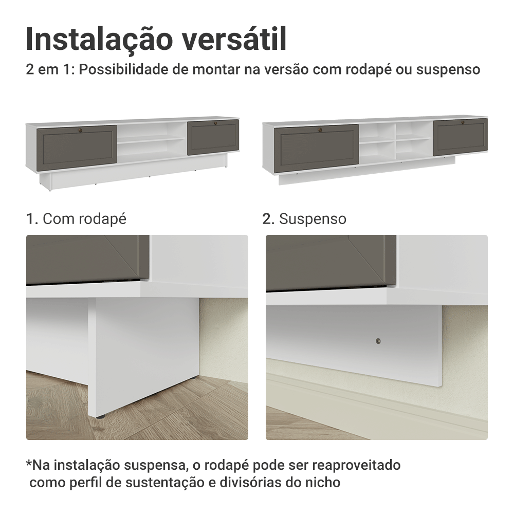 Rack Suspenso para TV até 80 Polegadas 218 cm 2 Portas Branco/Cinza Vik Madesa