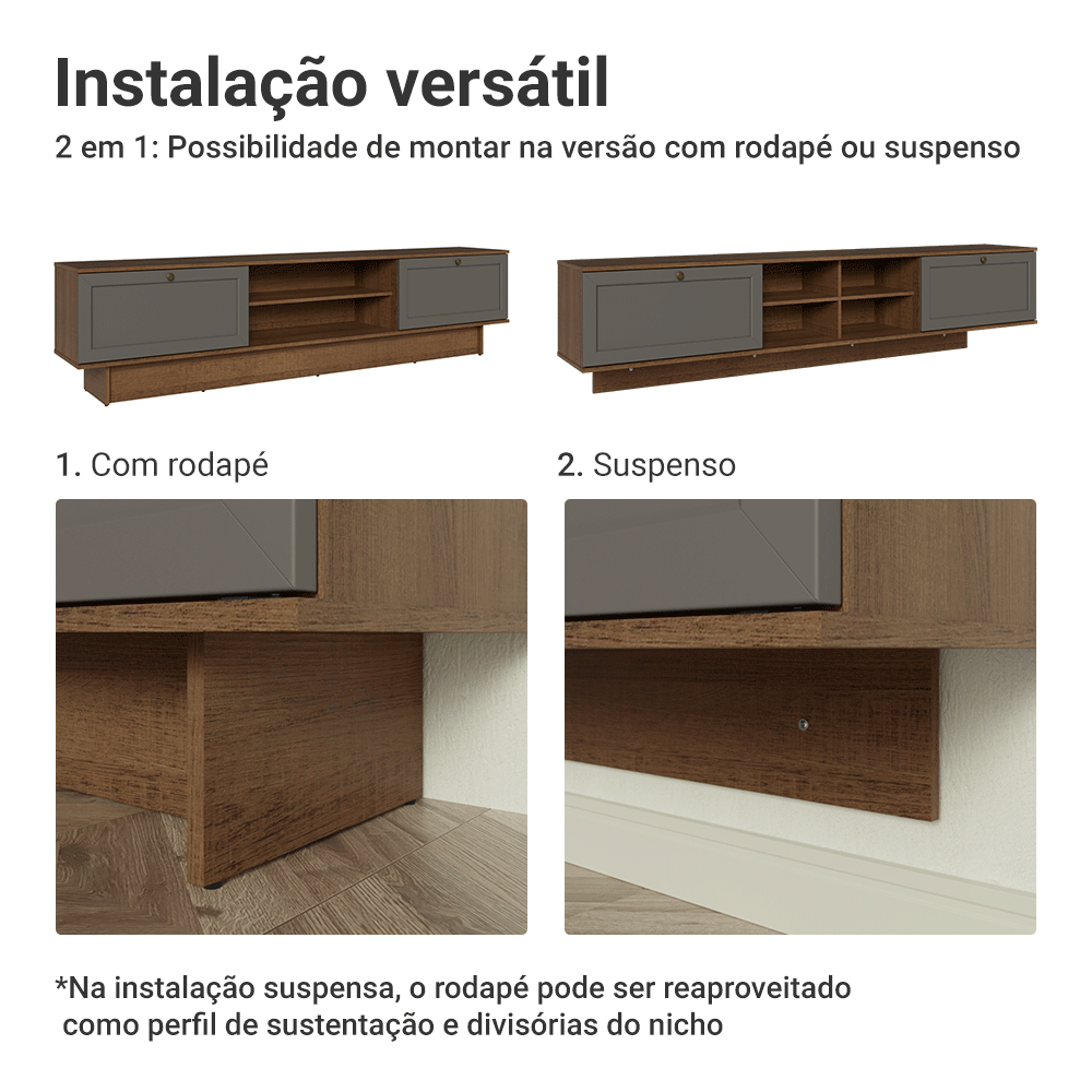 Rack Suspenso para TV até 80 Polegadas 218 cm 2 Portas Rustic/Cinza Vik Madesa