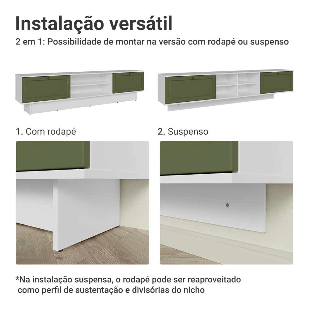 Rack Suspenso para TV até 80 Polegadas 218 cm 2 Portas Branco/Verde Vik Madesa