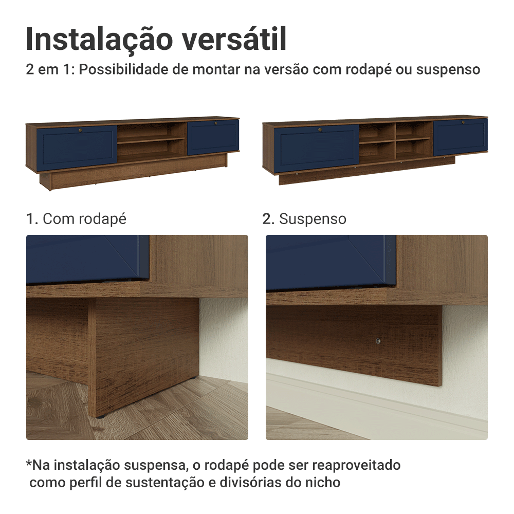 Rack Suspenso para TV até 80 Polegadas 218 cm 2 Portas Rustic/Azul Vik Madesa