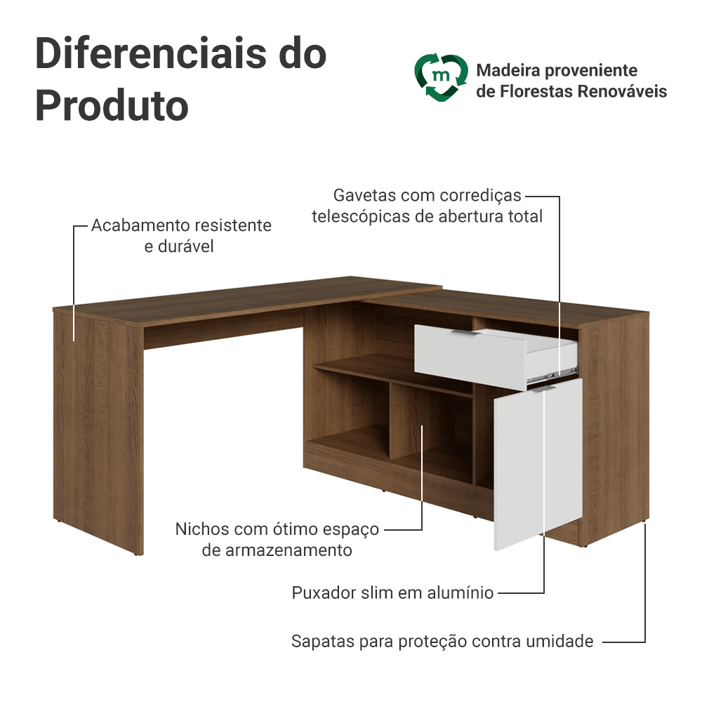 Escrivaninha de Canto Rustic/Branco Roma Madesa
