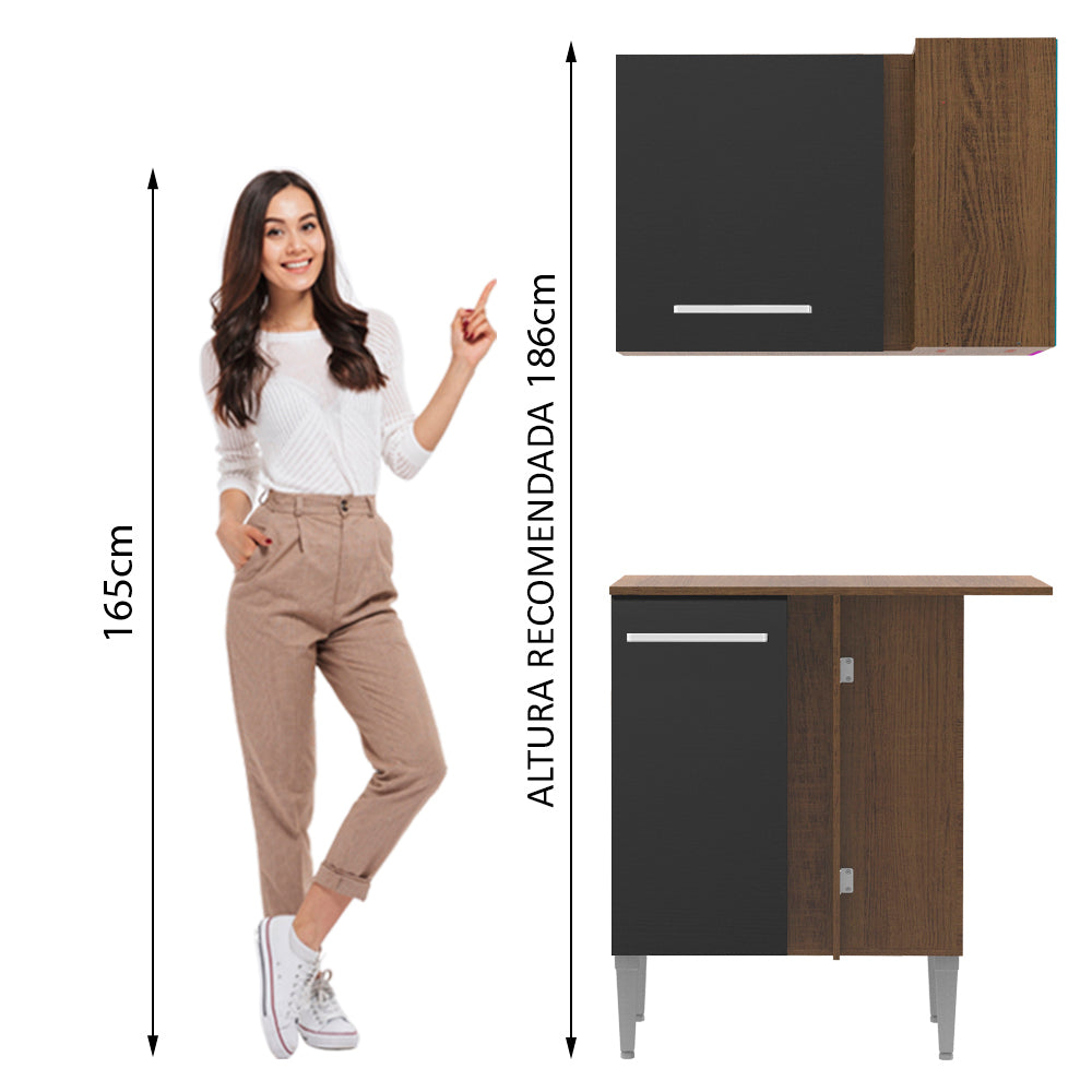 Kit de Canto Reto Madesa Emilly 2 Portas com Armário Aéreo, Adega e Balcão Rustic/Preto