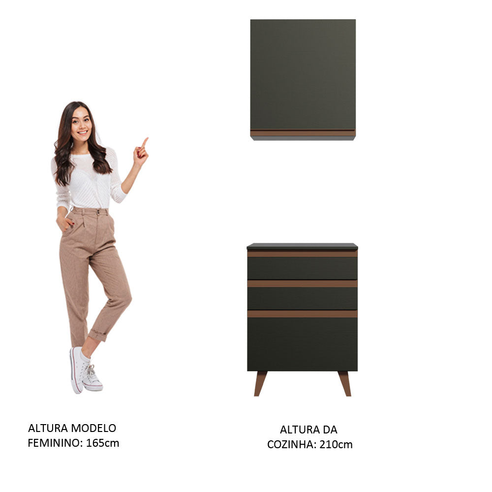 Kit Madesa Reims 60 cm com Armário Aéreo e Balcão com 3 Gavetas Preto