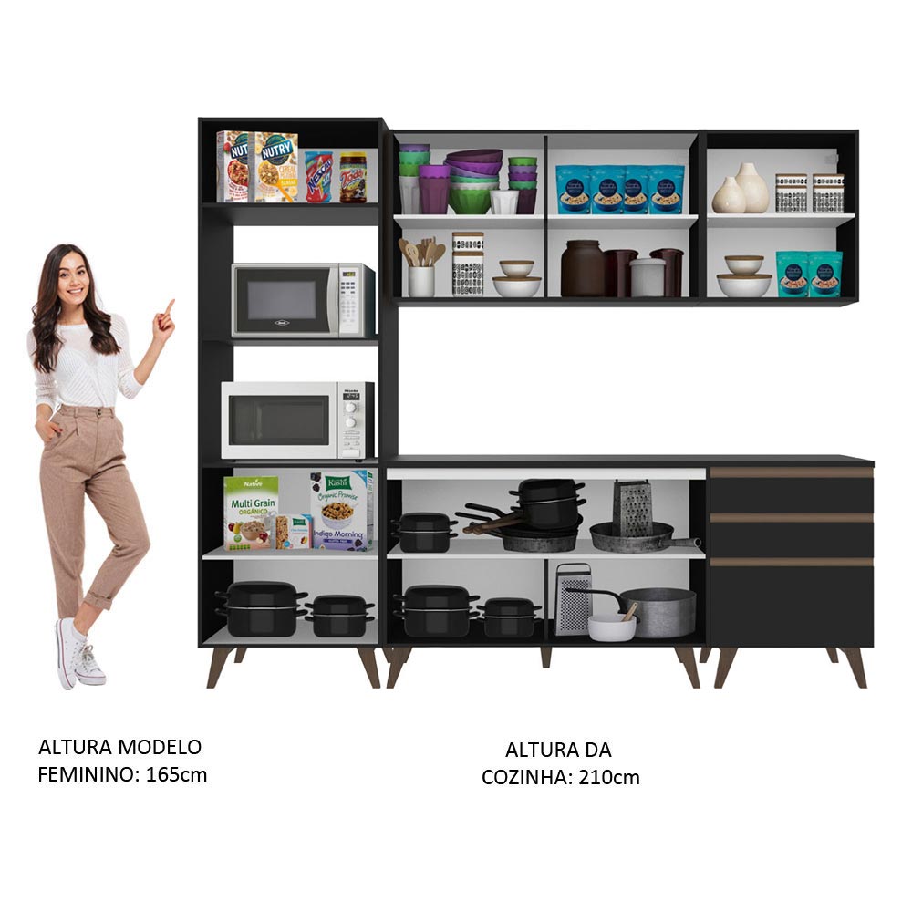 Armário de Cozinha Completa 250cm Preto Reims Madesa