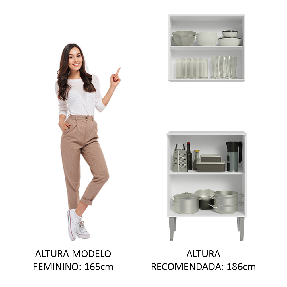 Kit com Armário Aéreo e Balcão 64cm Branco Emilly Madesa