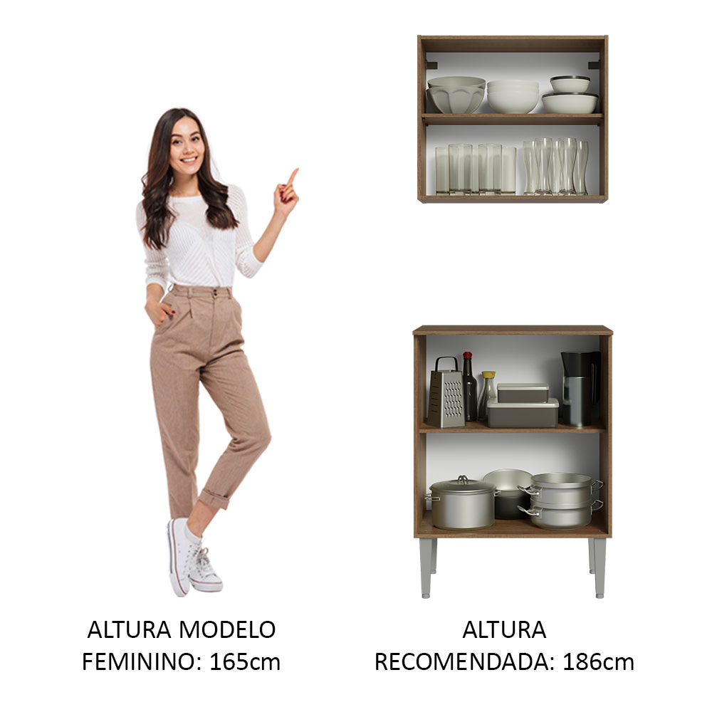 Kit com Armário Aéreo e Balcão 64cm Rustic/Branco Emilly Madesa