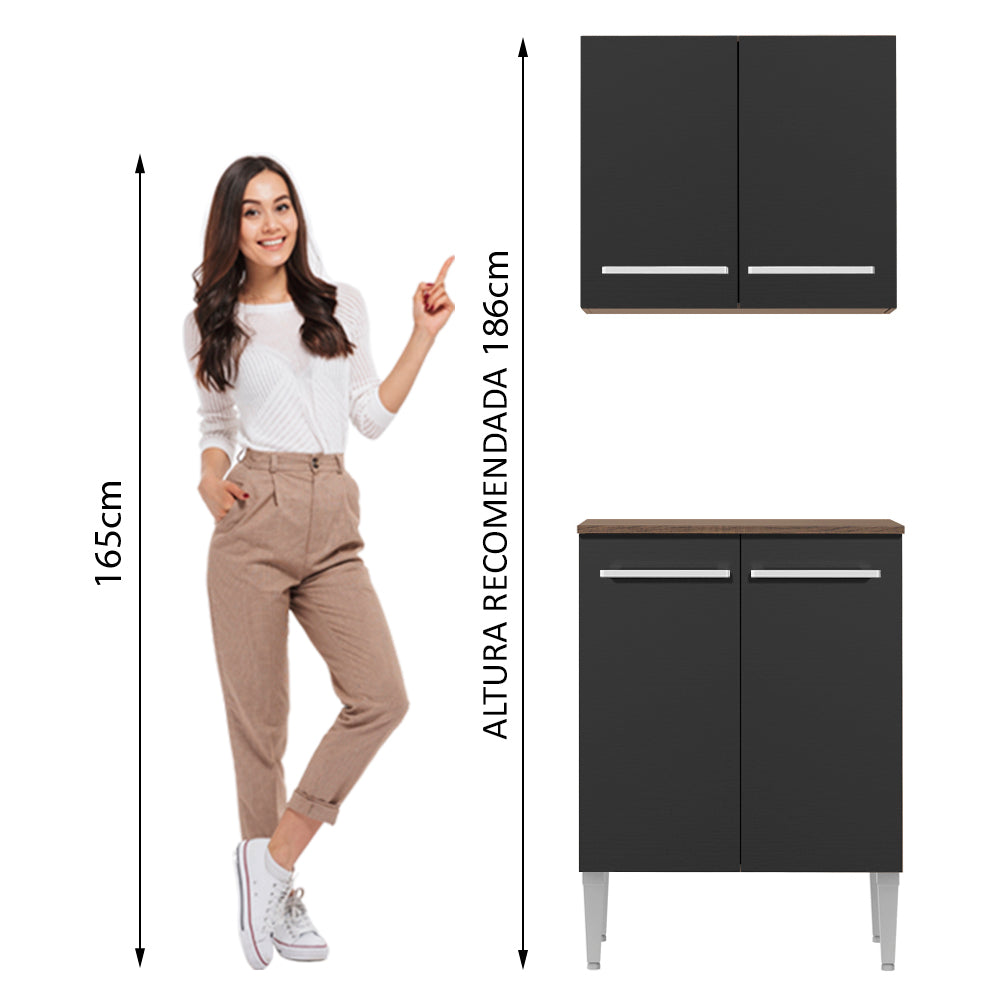 Kit com Armário Aéreo e Balcão 64cm Rustic/Preto Emilly Madesa