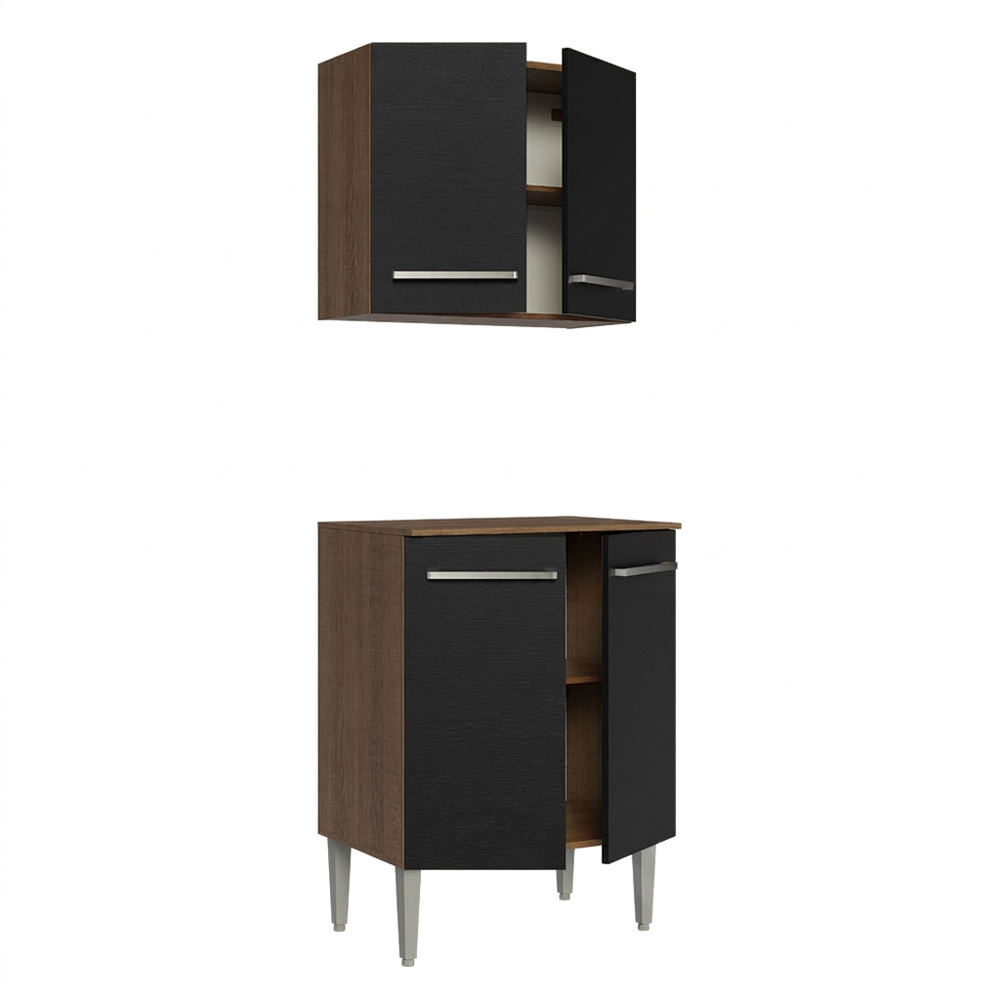 Kit com Armário Aéreo e Balcão 64cm Rustic/Preto Emilly Madesa