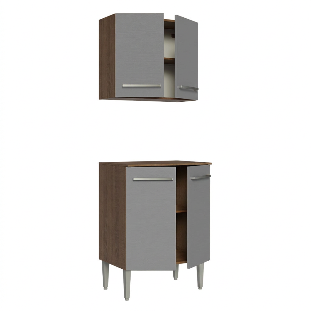 Kit com Armário Aéreo e Balcão 64cm Rustic/Cinza Emilly Madesa