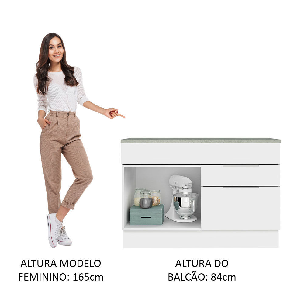 Balcão Cozinha 120 x 60 cm 1 Portas e 2 Gavetas (Com Tampo) Branco Stella Madesa