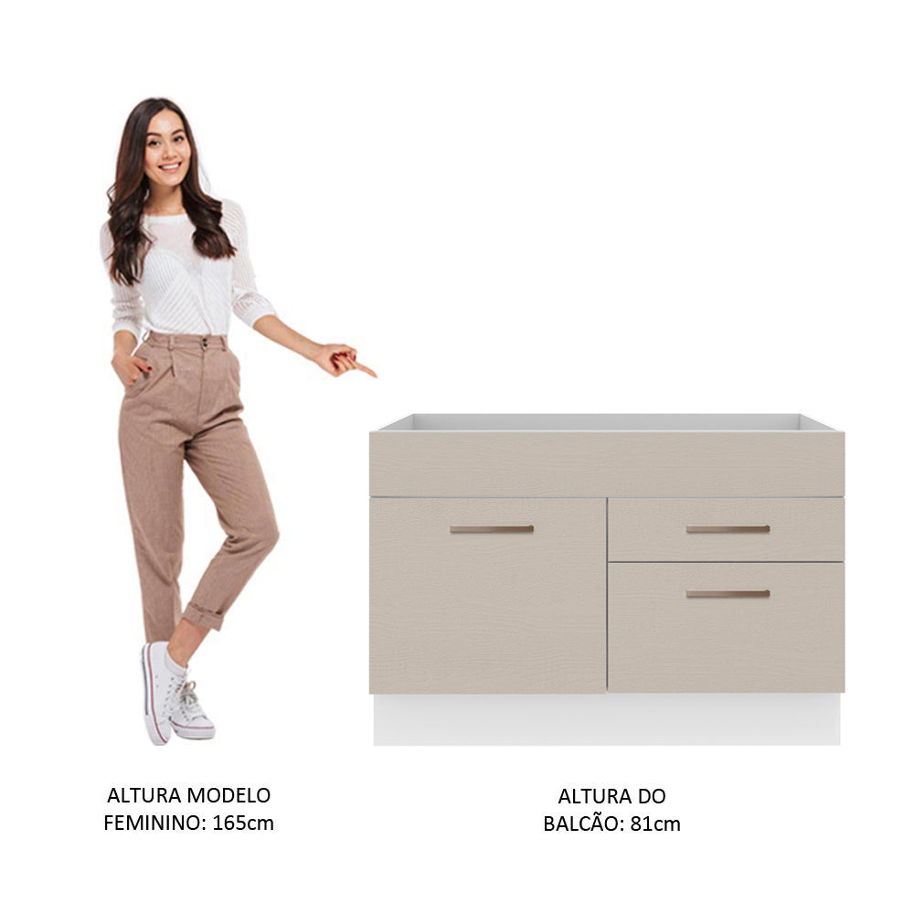 Balcão Gabinete de Pia 120 x 60 cm 1 Porta 2 Gavetas Branco/Crema (Sem Tampo) Agata Madesa