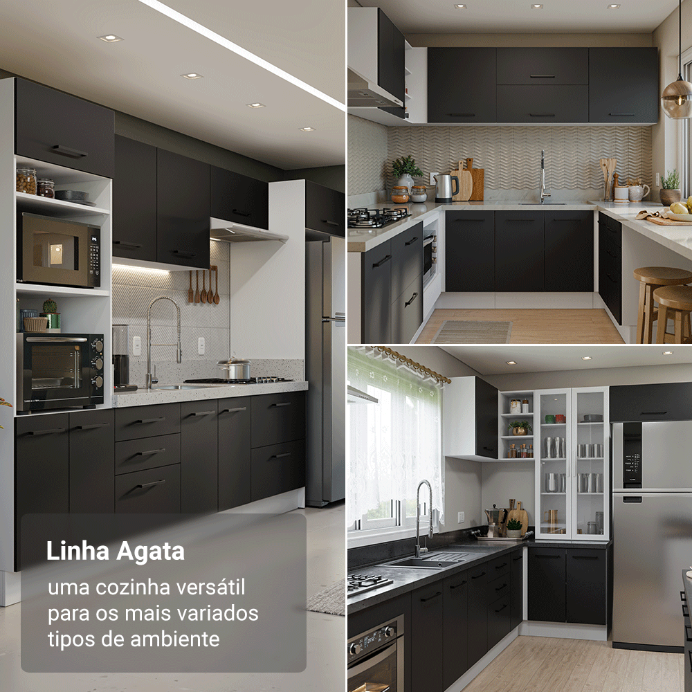 Balcão Gabinete de Pia 120 x 60 cm 1 Porta 2 Gavetas Branco/Preto (Sem Tampo) Agata Madesa