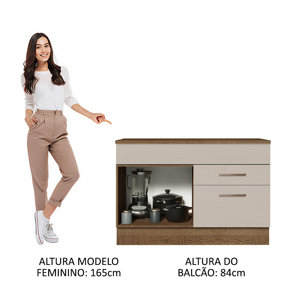 Balcão Gabinete 120 x 60 cm 1 Porta 2 Gavetas Rustic/Crema (Com Tampo) Agata Madesa