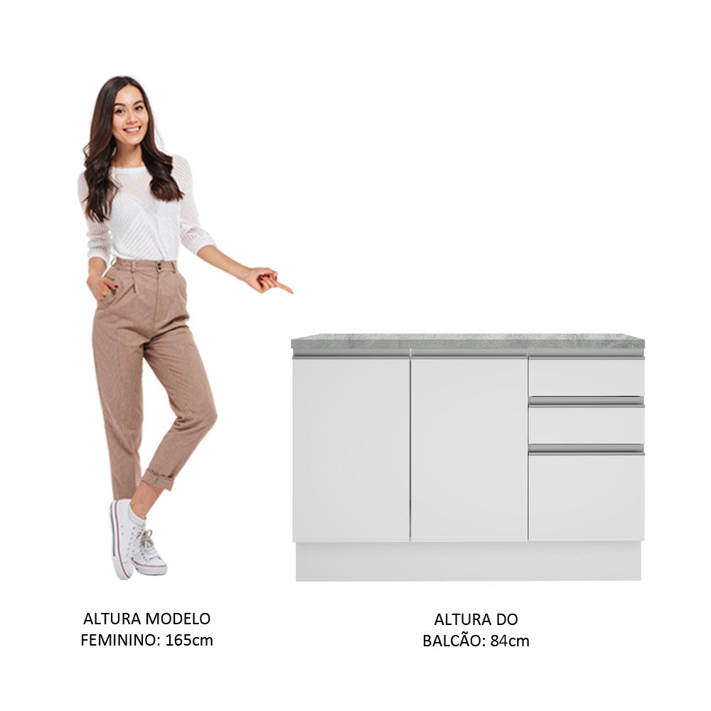 Balcão Cozinha 120 x 60 cm 2 Portas e 3 Gavetas (Com Tampo) Branco Glamy Madesa