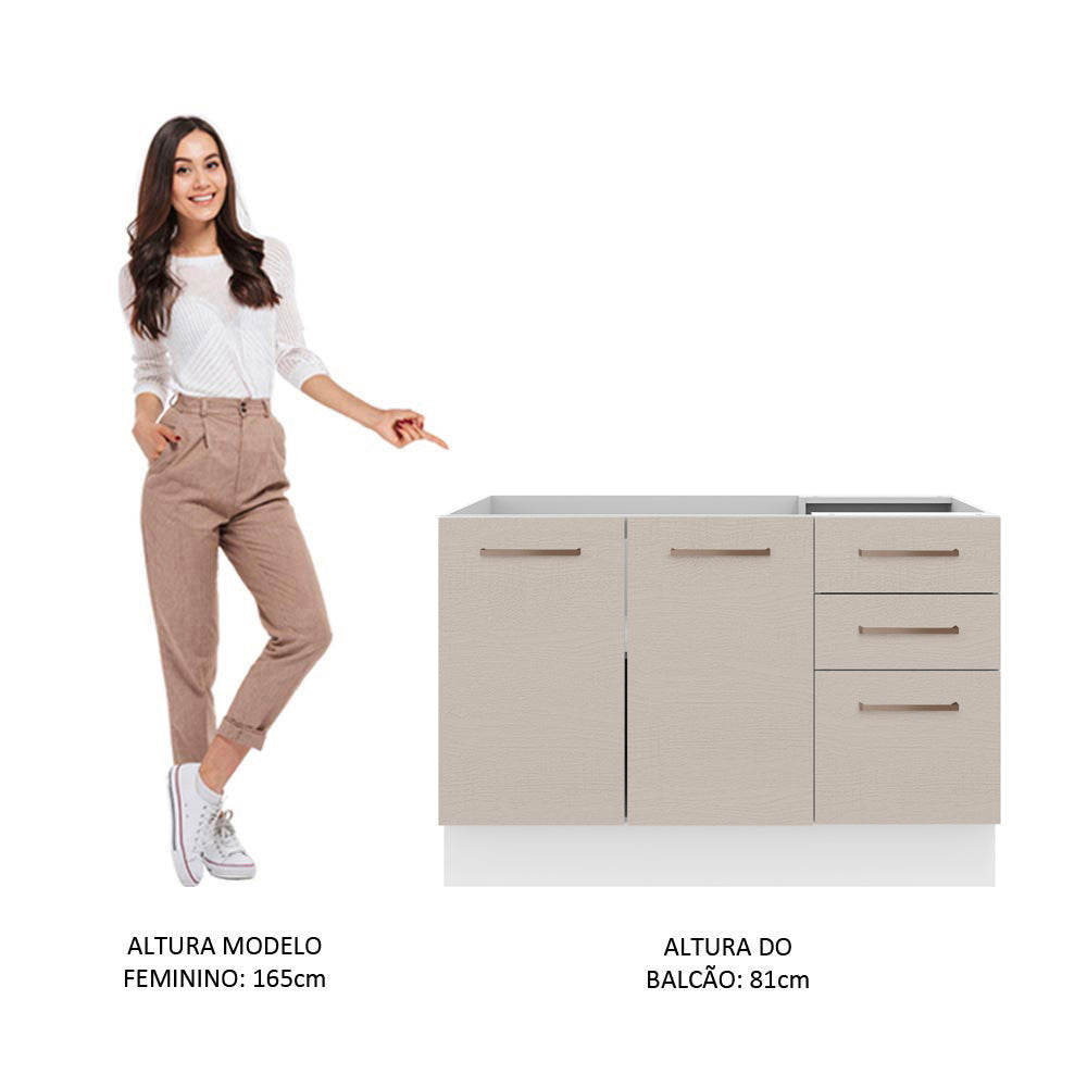 Balcão Gabinete de Pia 120 x 60 cm 2 Portas e 3 Gavetas (Sem Tampo) Branco/Crema Agata Madesa