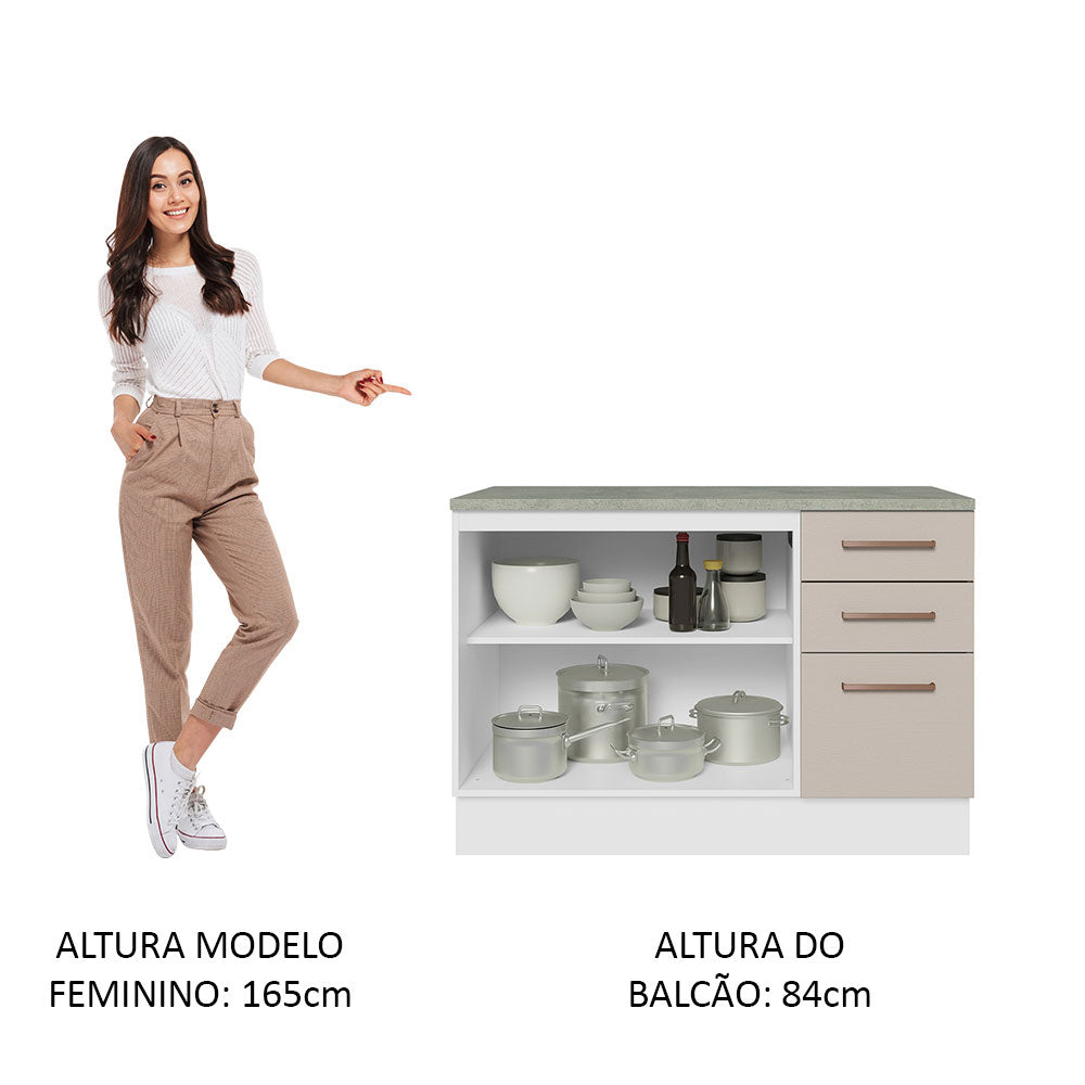 Balcão Cozinha 120 x 60 cm 2 Portas e 3 Gavetas (Com Tampo) Branco/Crema Agata Madesa