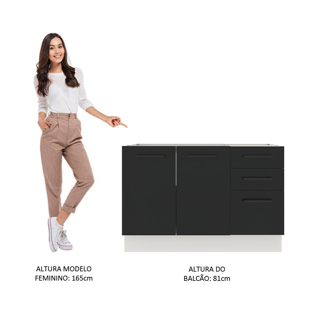 Balcão Gabinete de Pia Madesa Agata 120 x 60 cm 2 Portas e 3 Gavetas (Sem Tampo) Branco/Preto