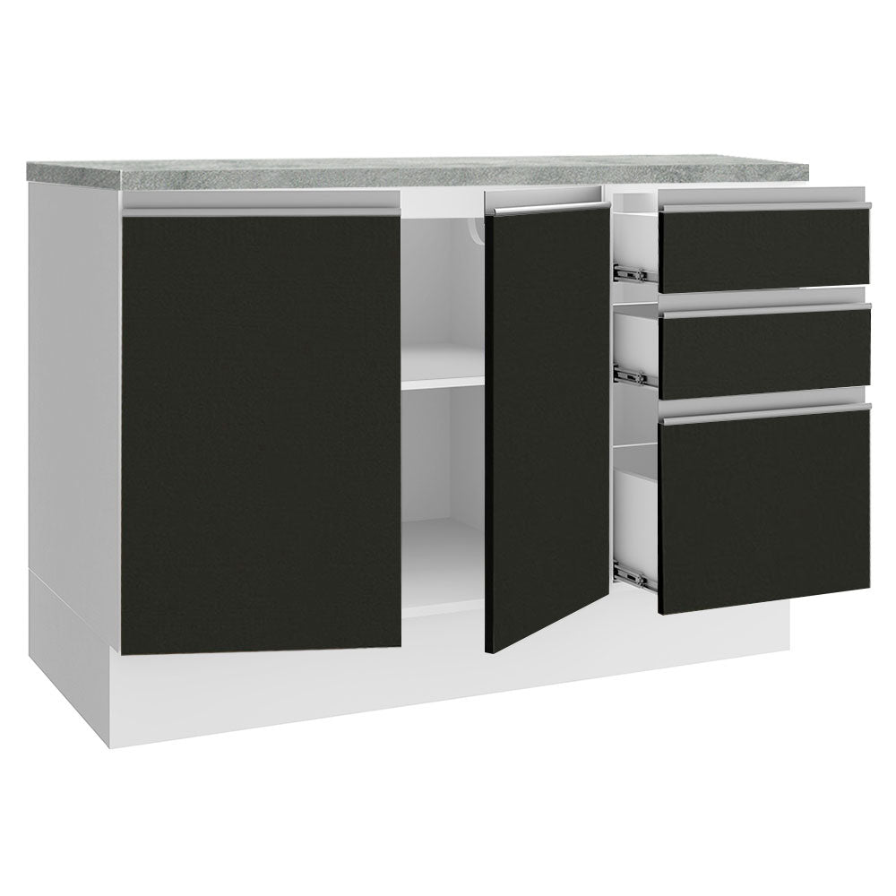 Balcão Cozinha 120 x 60 cm 2 Portas e 3 Gavetas (Com Tampo) Branco/Preto Glamy Madesa
