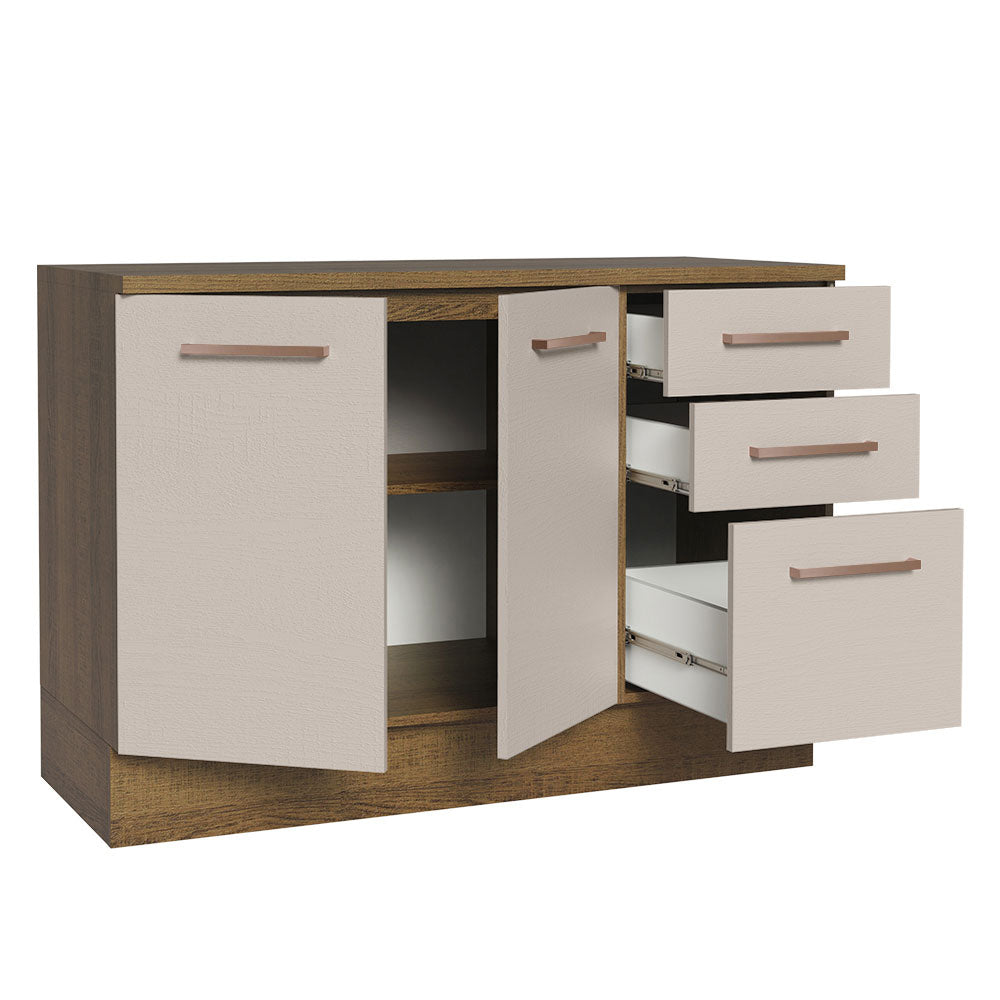 Balcão Cozinha 120 x 60 cm 2 Portas e 3 Gavetas (Com Tampo) Rustic/Crema Agata Madesa