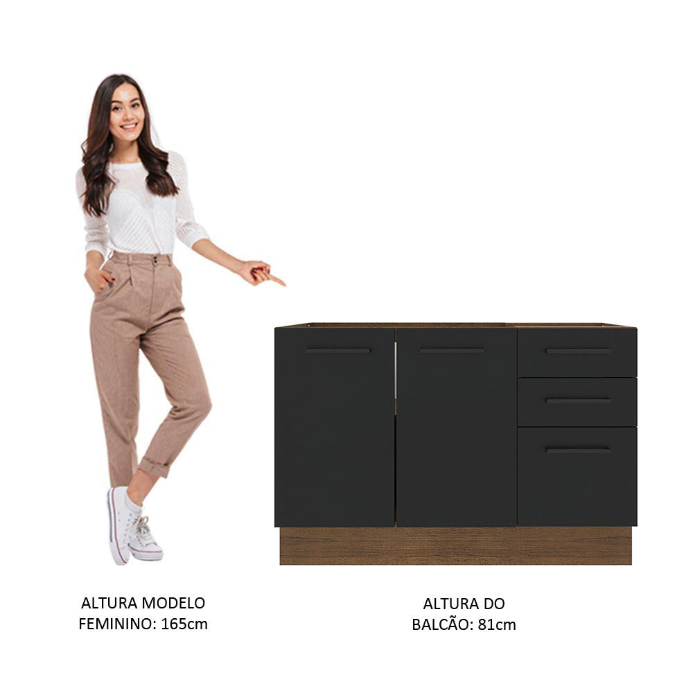 Balcão Gabinete de Pia Madesa Agata 120 x 60 cm 2 Portas e 3 Gavetas (Sem Tampo) Rustic/Preto