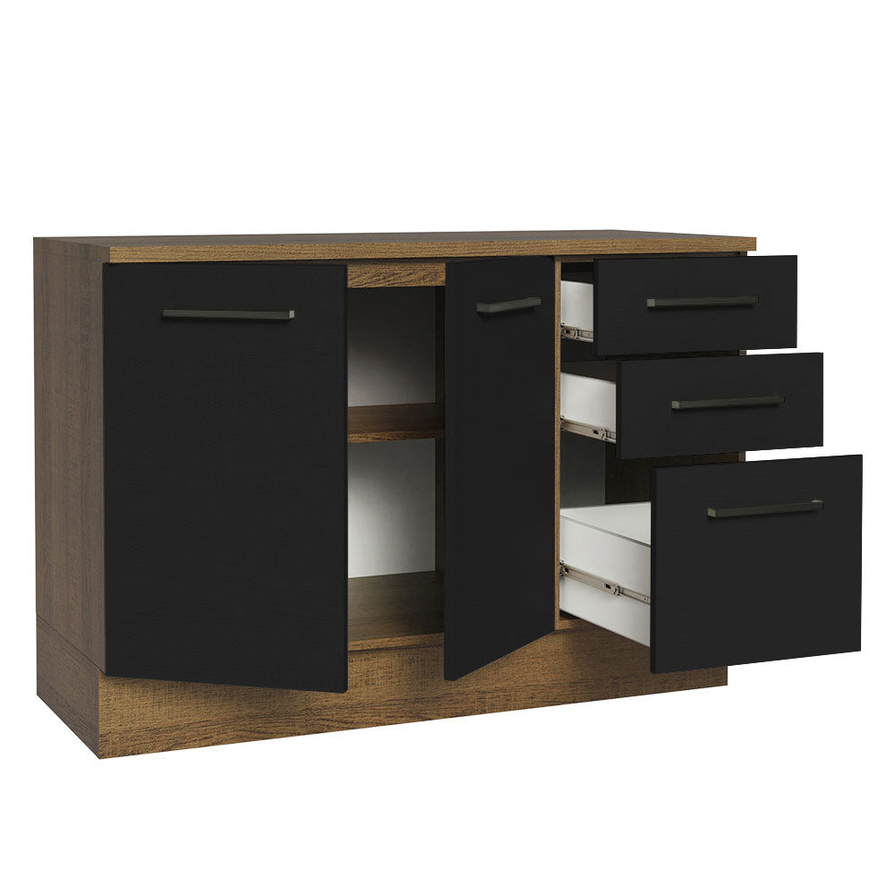 Balcão Cozinha 120 x 60 cm 2 Portas e 3 Gavetas (Com Tampo) Rustic/Preto Agata Madesa