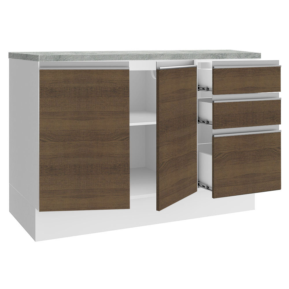 Balcão Cozinha 120 x 60 cm 2 Portas e 3 Gavetas (Com Tampo) Branco/Rustic Glamy Madesa