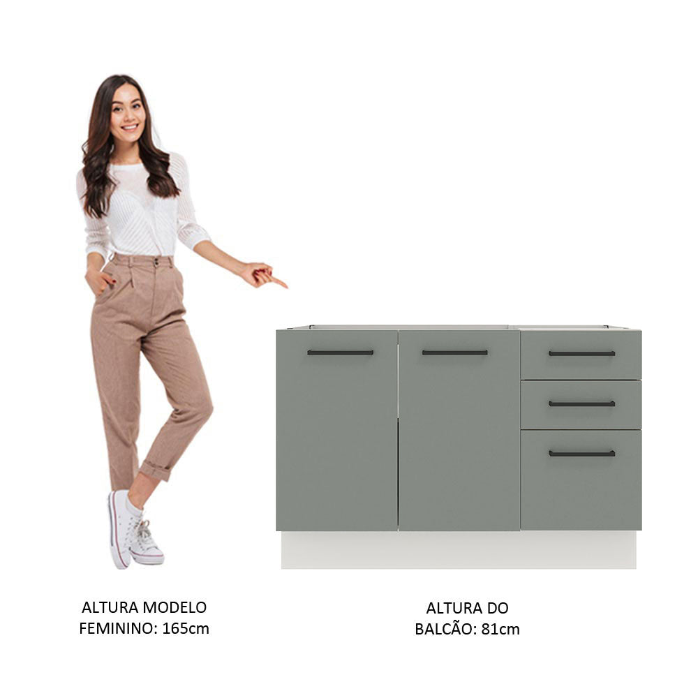 Balcão Gabinete de Pia Madesa Agata 120 x 60 cm 2 Portas e 3 Gavetas (Sem Tampo) Branco/Cinza