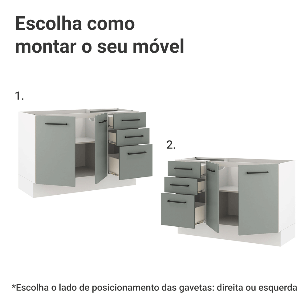 Balcão Gabinete de Pia Madesa Agata 120 x 60 cm 2 Portas e 3 Gavetas (Sem Tampo) Branco/Cinza