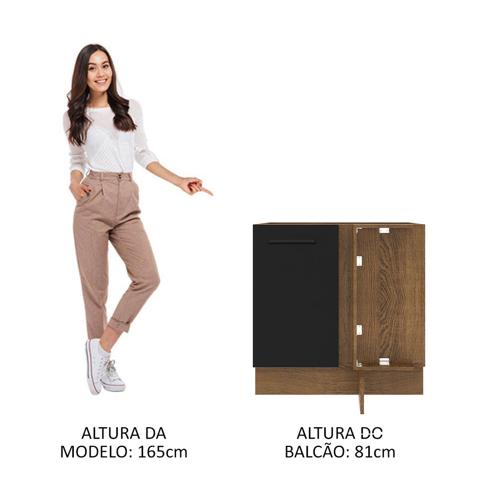 Balcão de Canto Madesa Agata 1 Porta 60 cm Profundidade (Sem Tampo) Rustic/Preto