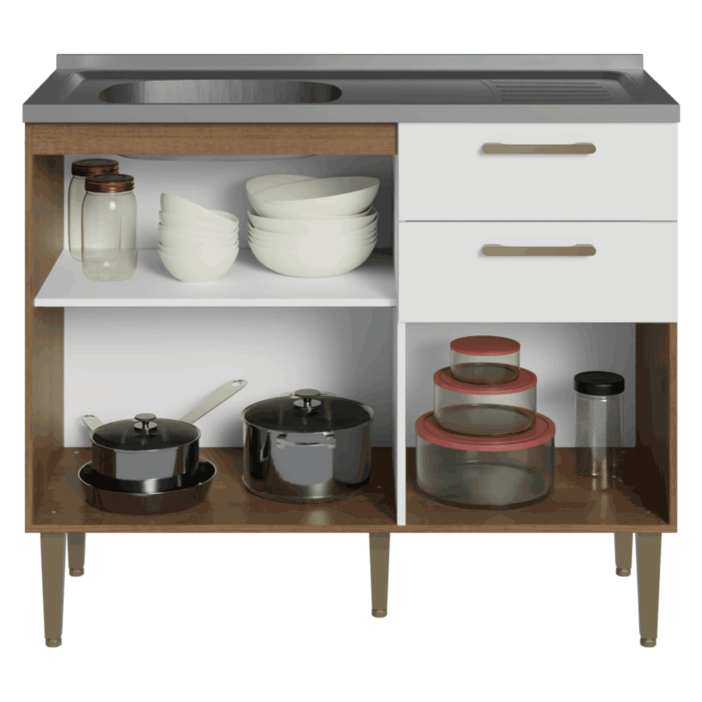 Balcão de Cozinha com Pia 105 cm 3 Portas 2 Gavetas Rustic/Branco Lille Madesa